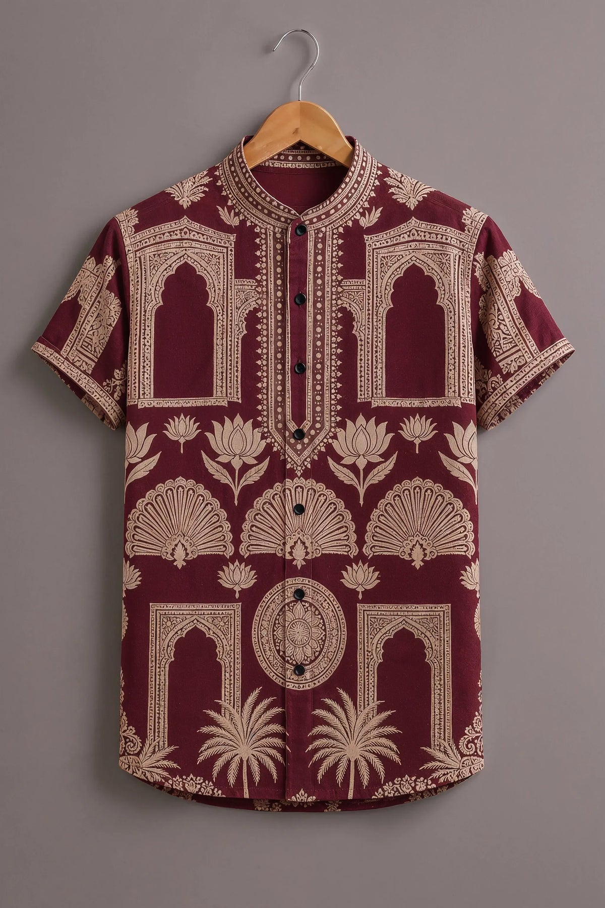Men's Premium Maroon Heritage Print Mandarin Collar Shirt