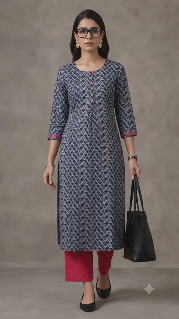 Jaipur Kurti Women's Floral Printed Straight Pure Cotton Kurta Dark Blue