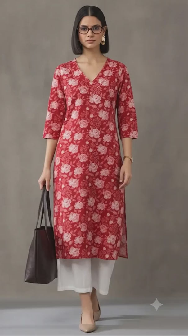 Jaipur Kurti Women's Floral Printed Straight Pure Cotton Kurta Red