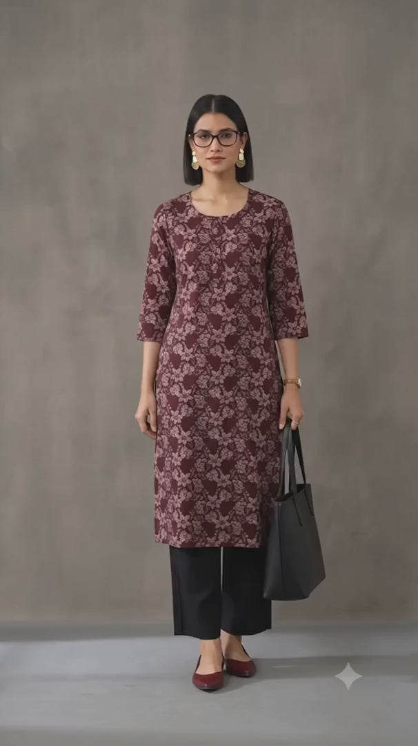 Jaipur Kurti Women's Floral Printed Straight Pure Cotton Kurta Maroon
