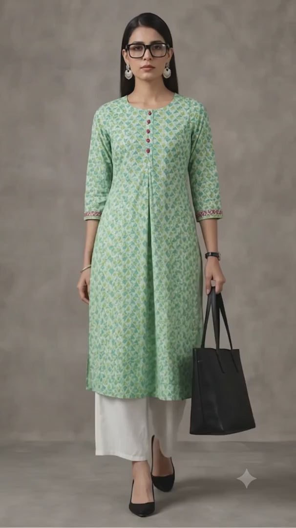 Jaipur Kurti Women's Floral Printed Straight Pure Cotton Kurta Green