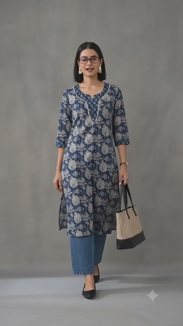 Jaipur Kurti Women's Floral Embroidered Straight Pure Cotton Kurta Navy Blue