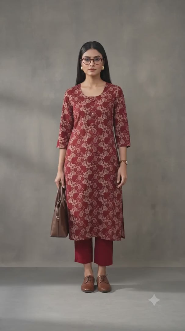 Jaipur Kurti Women's Floral Printed Straight Pure Cotton Kurta Red